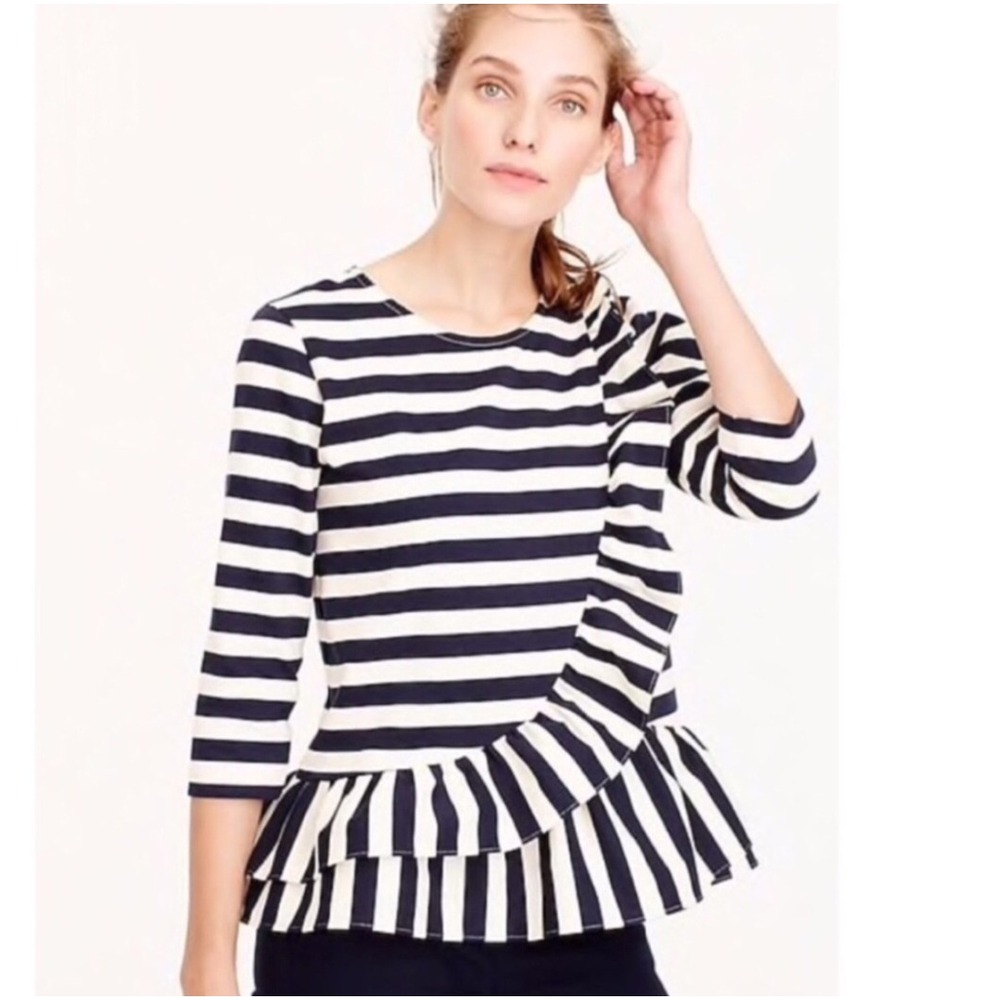 J. Crew Striped Ruffle Hem Top‎ 3/4 Sleeve Navy Ivory Cotton Blend M